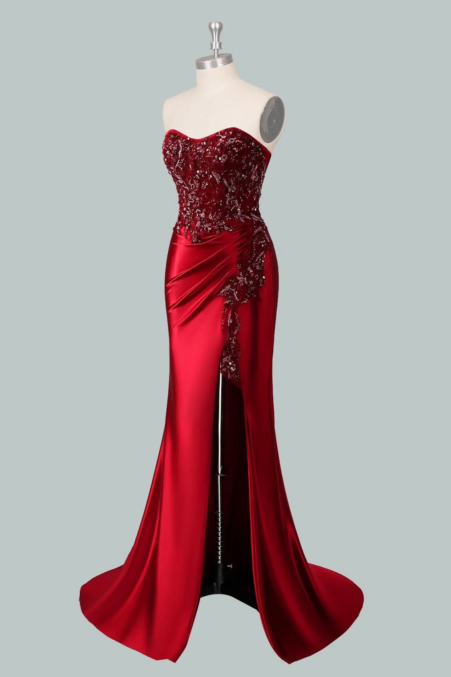 Pretty Mermaid Sweetheart Sequin High Slit Satin Red Floor-Length Prom Dresses