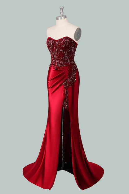 Pretty Mermaid Sweetheart Sequin High Slit Satin Red Floor-Length Prom Dresses