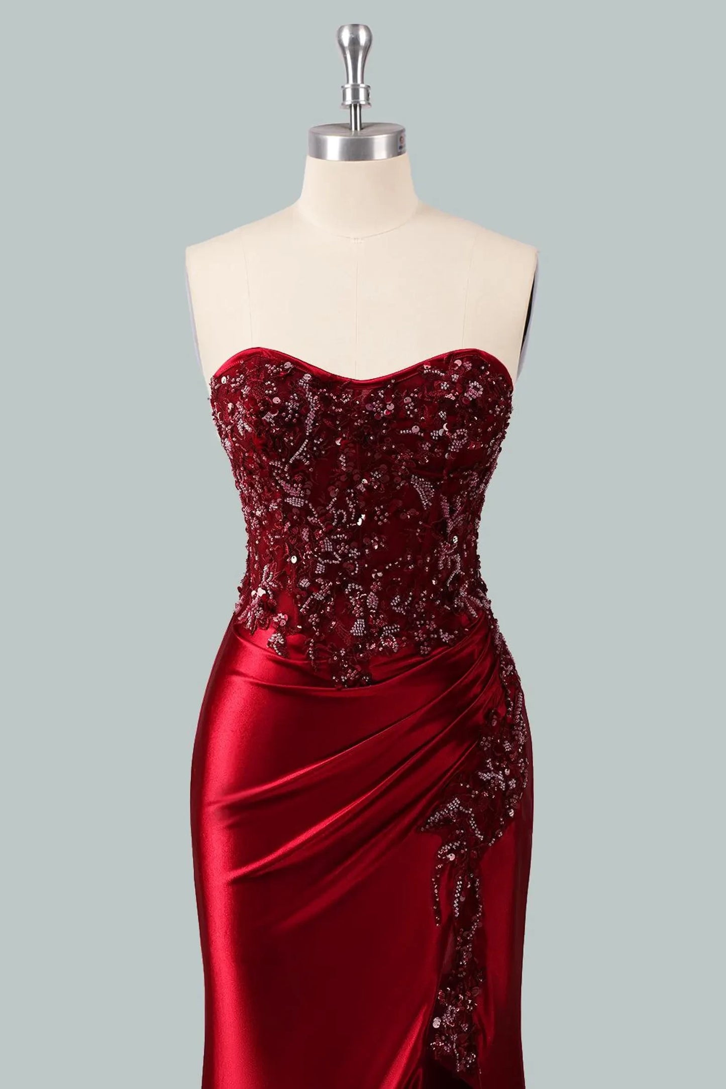 Pretty Mermaid Sweetheart Sequin High Slit Satin Red Floor-Length Prom Dresses