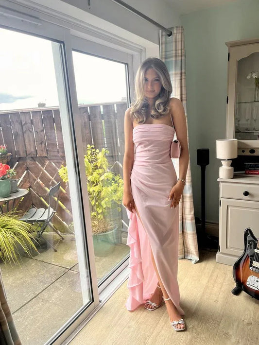 Pretty Sheath Strapless Sleeveless Slit Satin Floor-Length Prom Dress