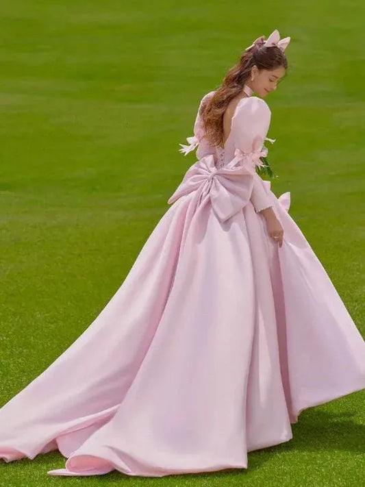 Princess Ball Gown Sweetheart Neck Puff Sleeve Pink Floor-Length Prom Dress