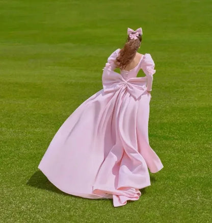 Elegant Princess Ball Gown Sweetheart Neck Puff Sleeve Pink Floor-Length Prom Dress for Women
