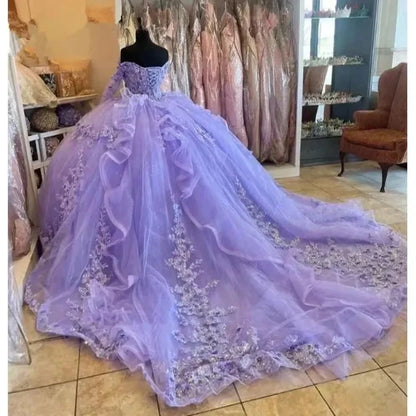Princess Long Sleeve Lavender Quinceanera Dresses Lace Beaded Birthday 15 Dress