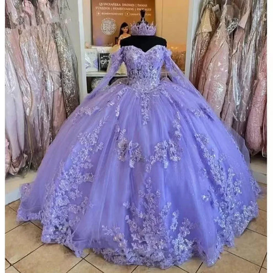 Princess Long Sleeve Lavender Quinceanera Dresses Lace Beaded Birthday 15 Dress