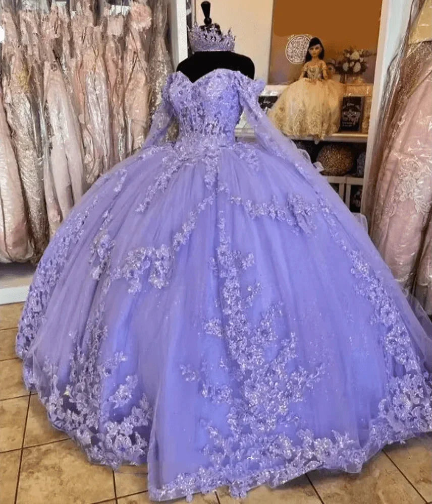 Princess Long Sleeve Lavender Quinceanera Dresses Lace Beaded Birthday 15 Dress