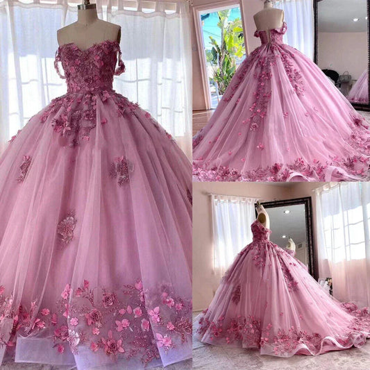 Princess Pink Quince Dresses Off The Shoulder 3D Flowers