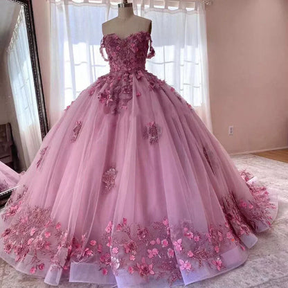 Princess Pink Quince Dresses Off The Shoulder 3D Flowers