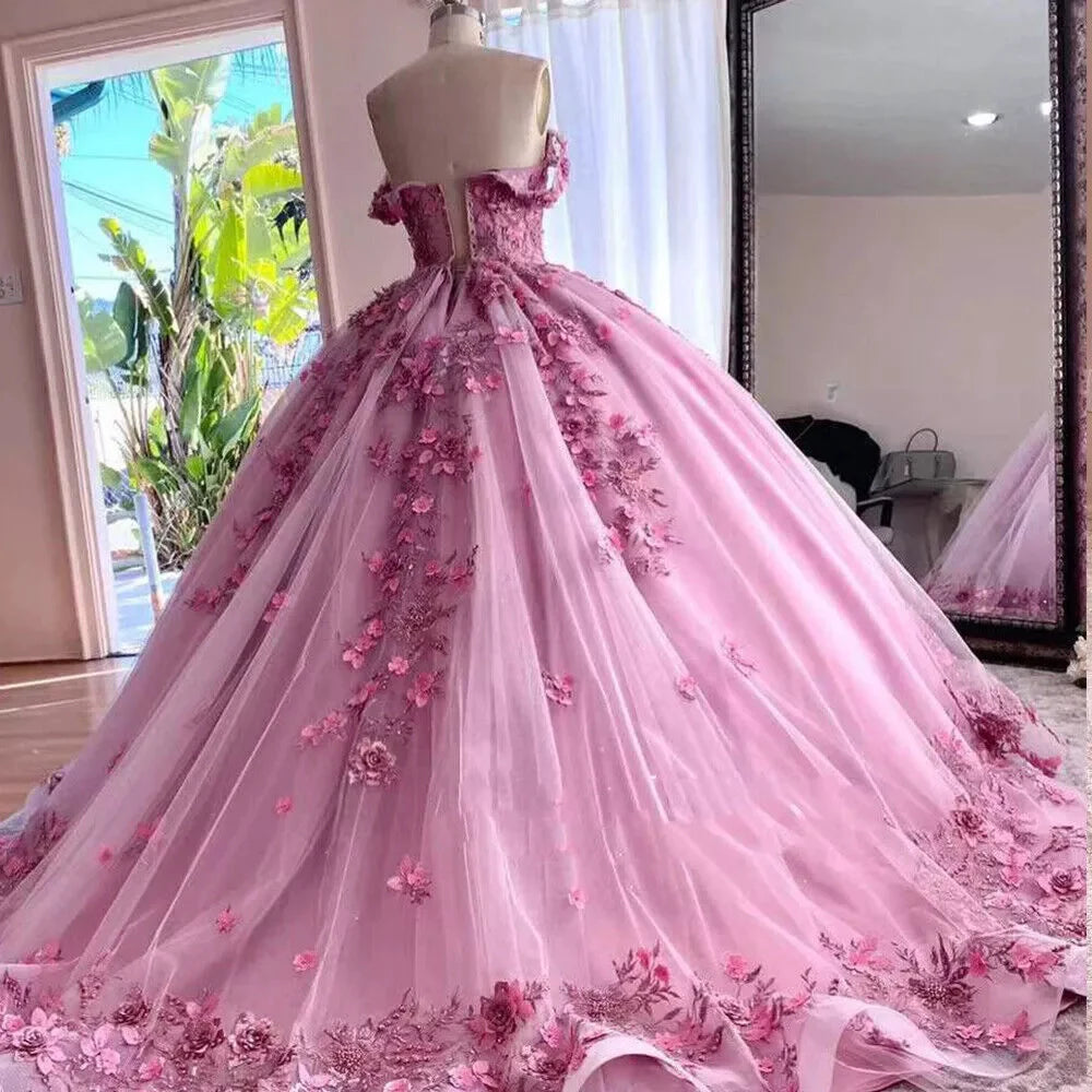 Princess Pink Quince Dresses Off The Shoulder 3D Flowers