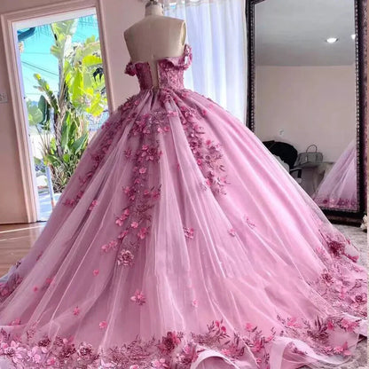Princess Pink Quince Dresses Off The Shoulder 3D Flowers