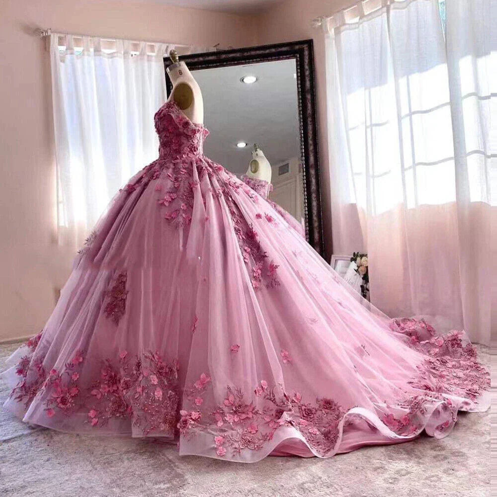 Princess Pink Quince Dresses Off The Shoulder 3D Flowers