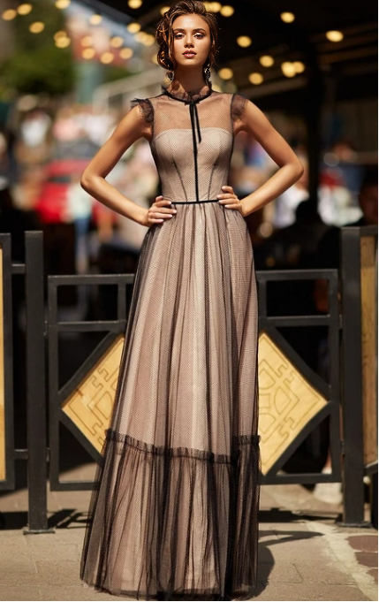 Formal Wear Dresses/Casual A Line Tulle High Neck Floor-length Button Formal Dress with Bow Prom Dress