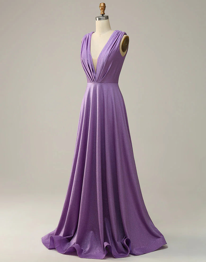 A Line Deep V Neck Purple Sleeveless Long Prom Dress Court Train Dresses