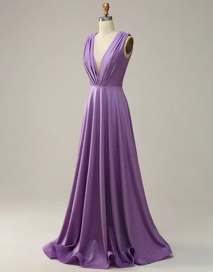 A Line Deep V Neck Purple Sleeveless Long Prom Dress Court Train Dresses