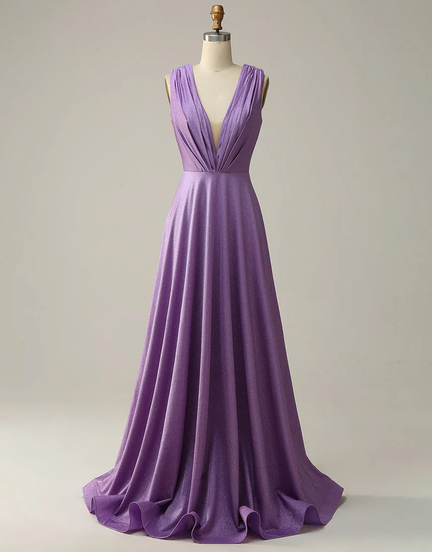 A Line Deep V Neck Purple Sleeveless Long Prom Dress Court Train Dresses