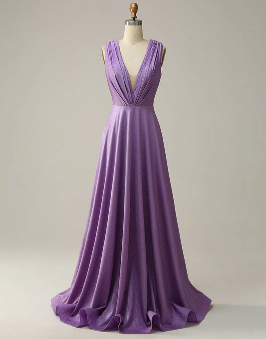 A Line Deep V Neck Purple Sleeveless Long Prom Dress Court Train Dresses