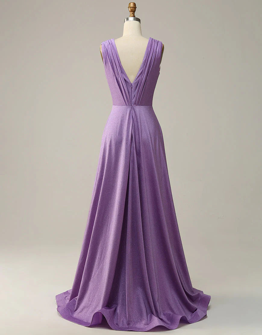 A Line Deep V Neck Purple Sleeveless Long Prom Dress Court Train Dresses