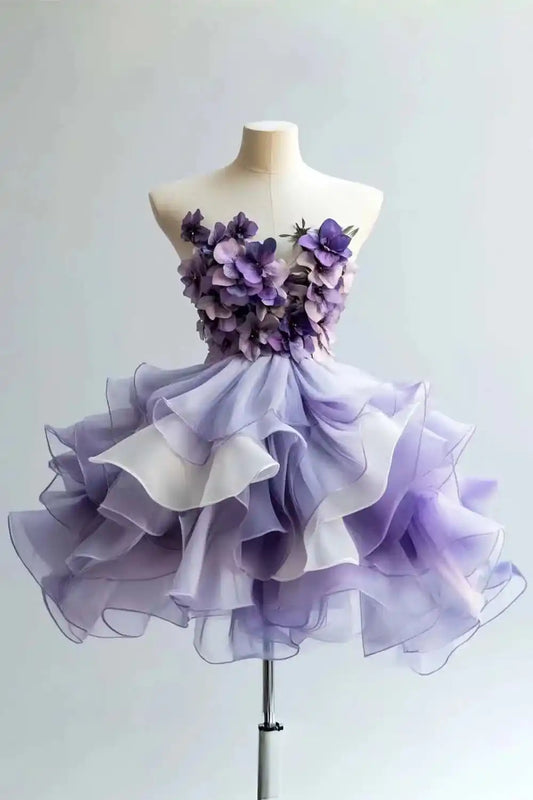 Purple Flowers Homecoming Dress with Ruffle Skirt