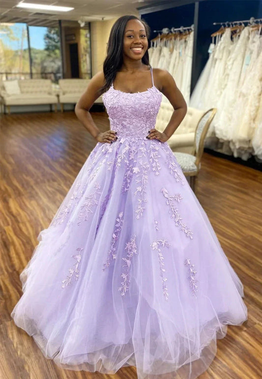 Purple Lace Long A-Line Prom Dresses Purple Graduation Dresses