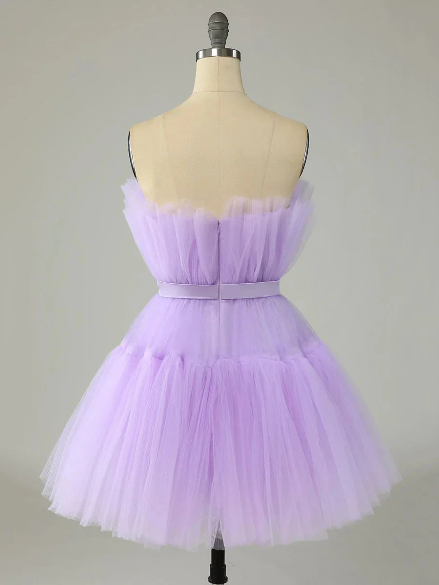 Purple Strapless Tulle Knee Length Party Dress A-Line Homecoming Dress