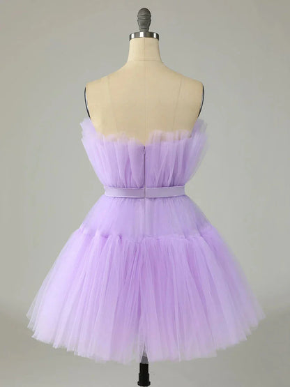 Purple Strapless Tulle Knee Length Party Dress A-Line Homecoming Dress