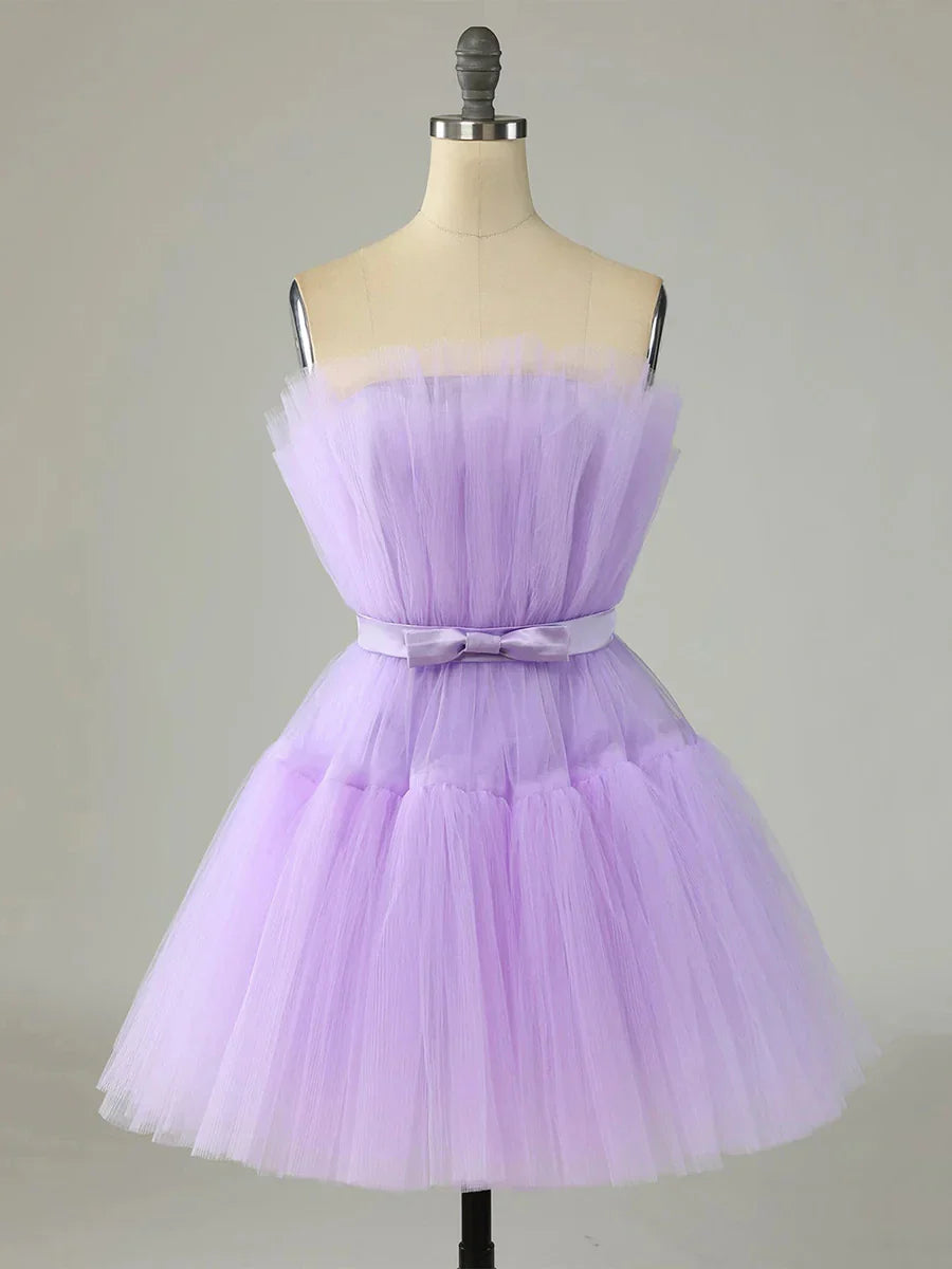 Purple Strapless Tulle Knee Length Party Dress A-Line Homecoming Dress
