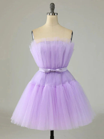 Purple Strapless Tulle Knee Length Party Dress A-Line Homecoming Dress