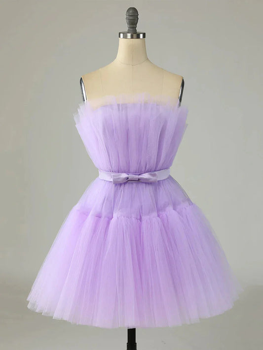 Purple Strapless Tulle Knee Length Party Dress A-Line Homecoming Dress