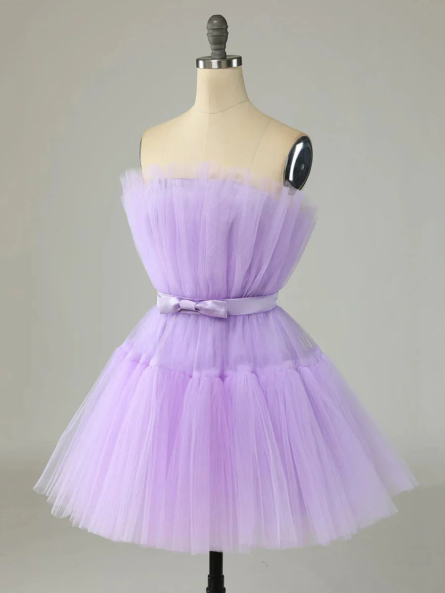 Purple Strapless Tulle Knee Length Party Dress A-Line Homecoming Dress