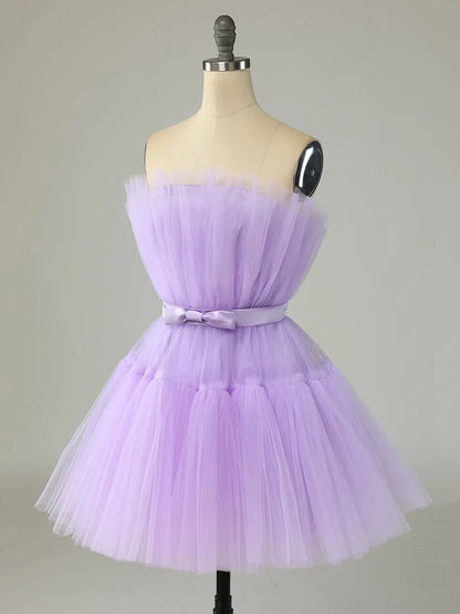 Purple Strapless Tulle Knee Length Party Dress A-Line Homecoming Dress