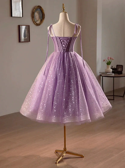 Purple Tulle A-Line Knee Length Party Dress Lovely Spaghetti Strap Evening Prom Dress