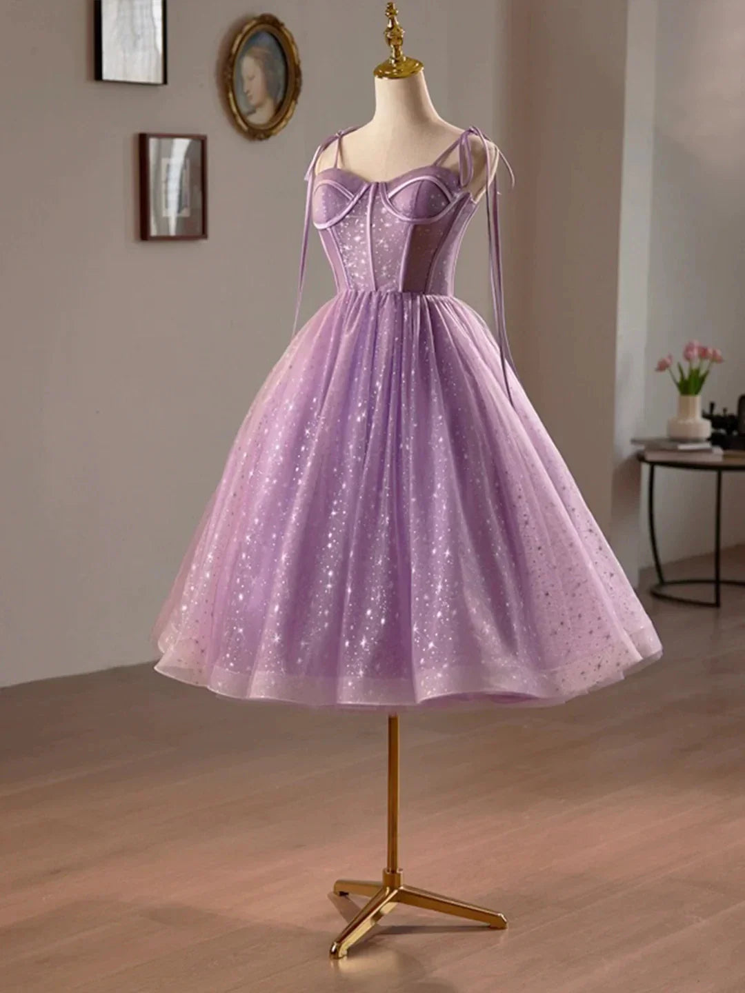 Purple Tulle A-Line Knee Length Party Dress Lovely Spaghetti Strap Evening Prom Dress