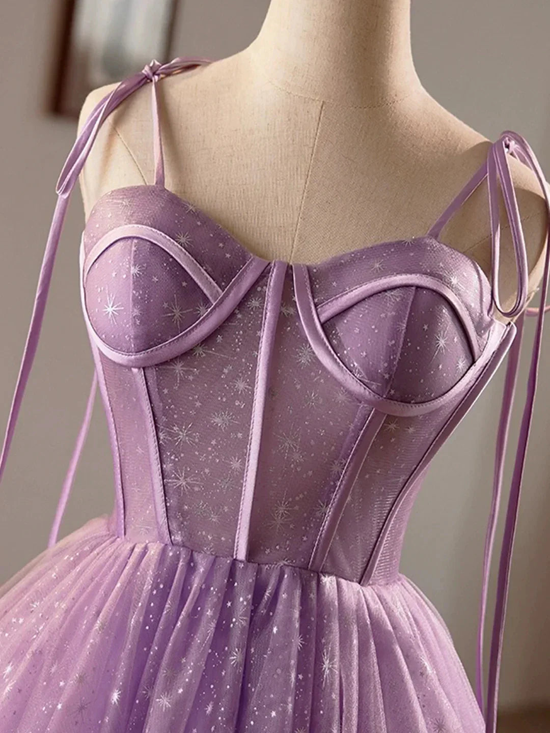 Purple Tulle A-Line Knee Length Party Dress Lovely Spaghetti Strap Evening Prom Dress
