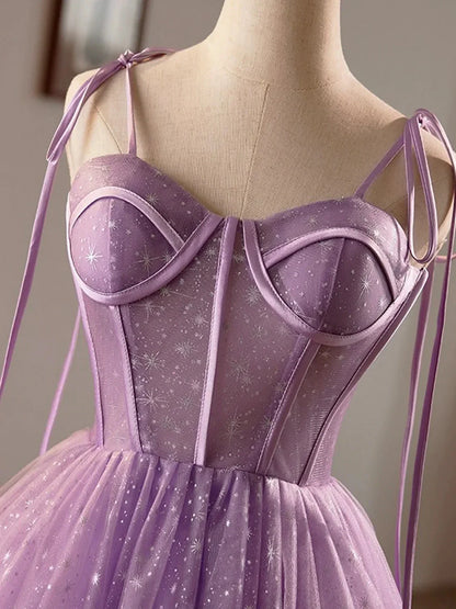 Purple Tulle A-Line Knee Length Party Dress Lovely Spaghetti Strap Evening Prom Dress