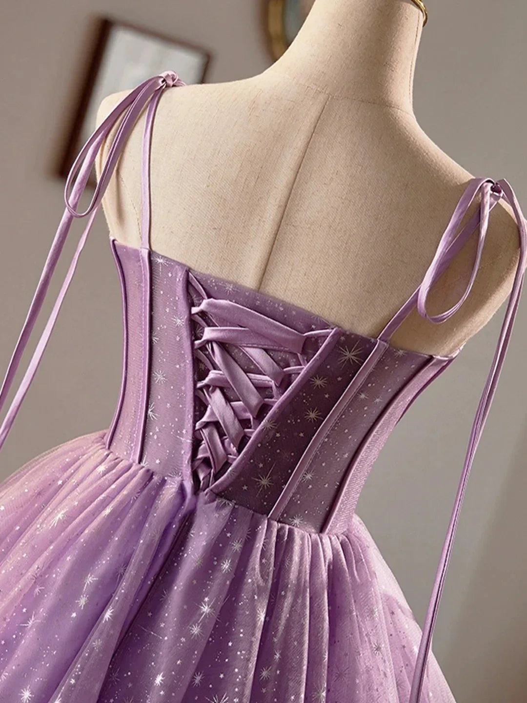 Purple Tulle A-Line Knee Length Party Dress Lovely Spaghetti Strap Evening Prom Dress