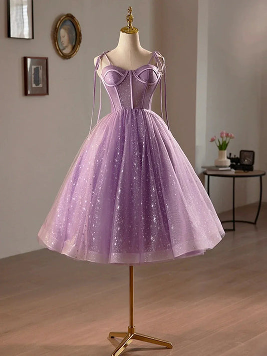 Purple Tulle A-Line Knee Length Party Dress Lovely Spaghetti Strap Evening Prom Dress