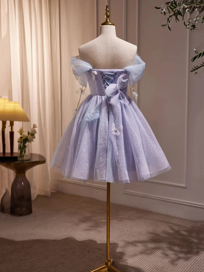 Purple Tulle Knee Length Birthday Party Formal Dress Off the Shoulder Purple Prom Dress
