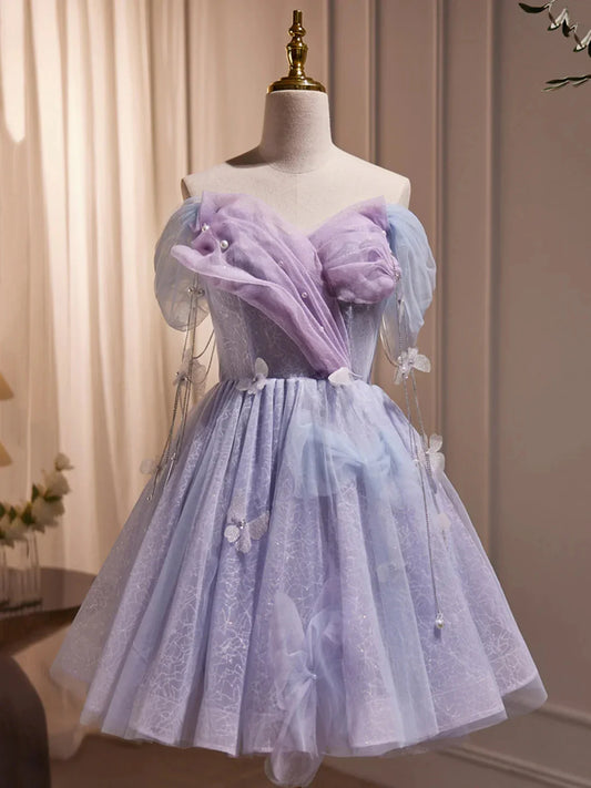 Purple Tulle Knee Length Birthday Party Formal Dress Off the Shoulder Purple Prom Dress