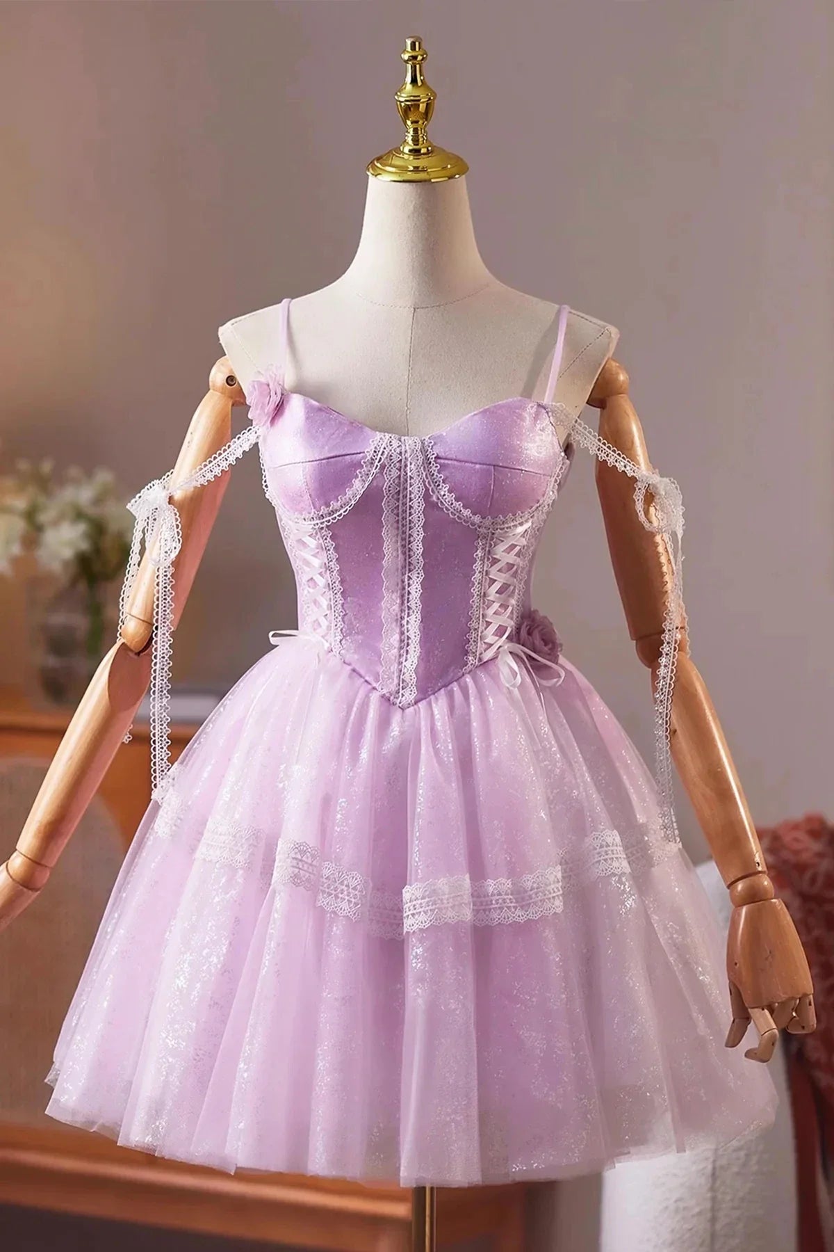 Purple Tulle Lace Short A-Line Prom Dress A-Line Evening Party Dress