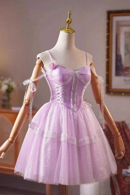 Purple Tulle Lace Short A-Line Prom Dress A-Line Evening Party Dress