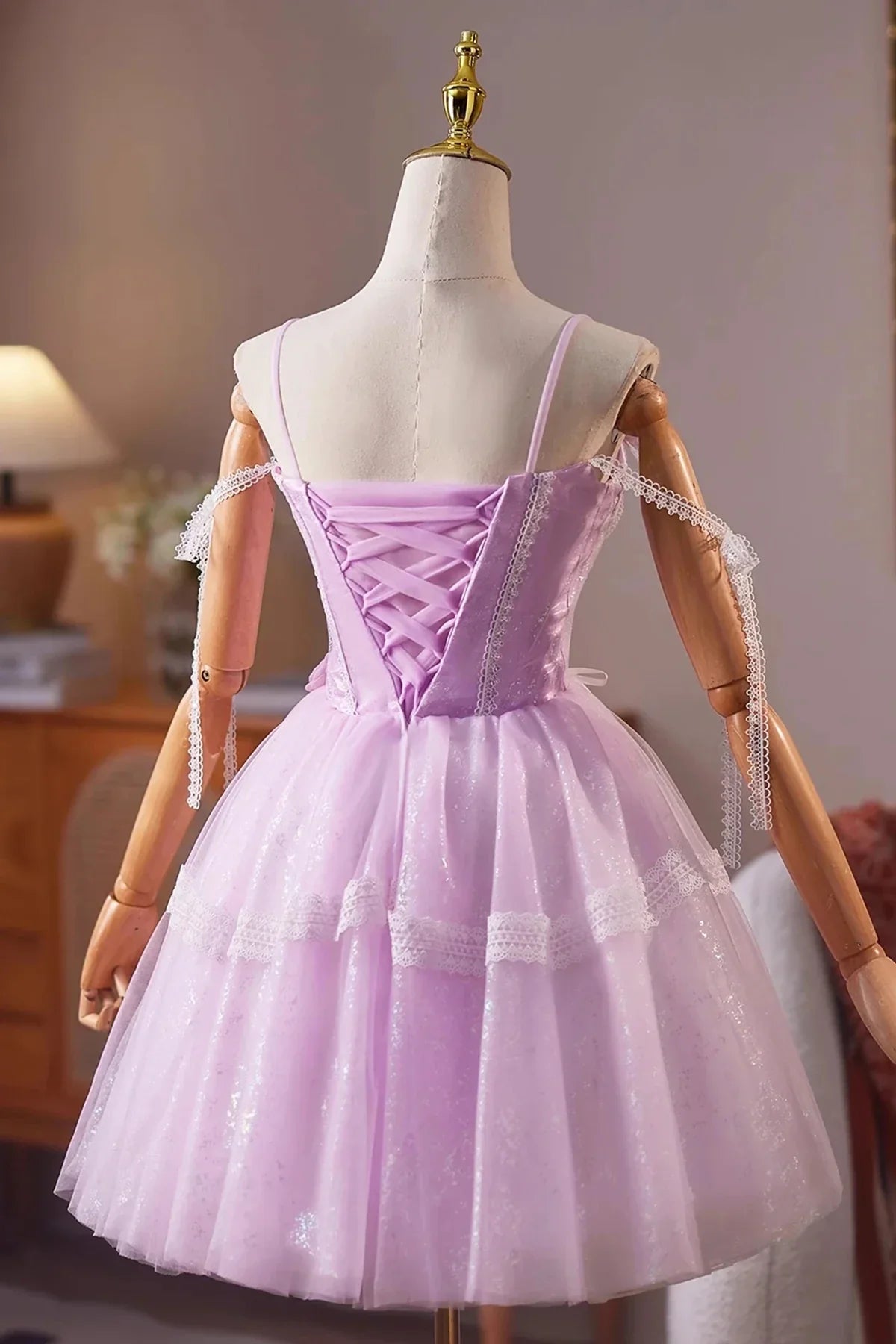 Purple Tulle Lace Short A-Line Prom Dress A-Line Evening Party Dress