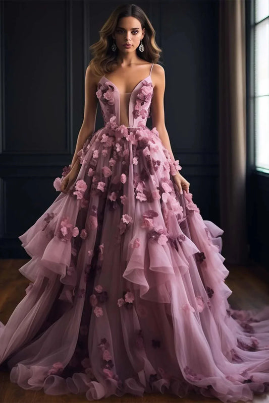 Purple Tulle Prom Dress with Flowers
