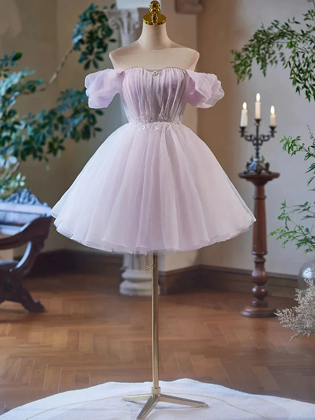 Purple Tulle Short A-Line Party Dress Lovely Off the Shoulder Evening Dress