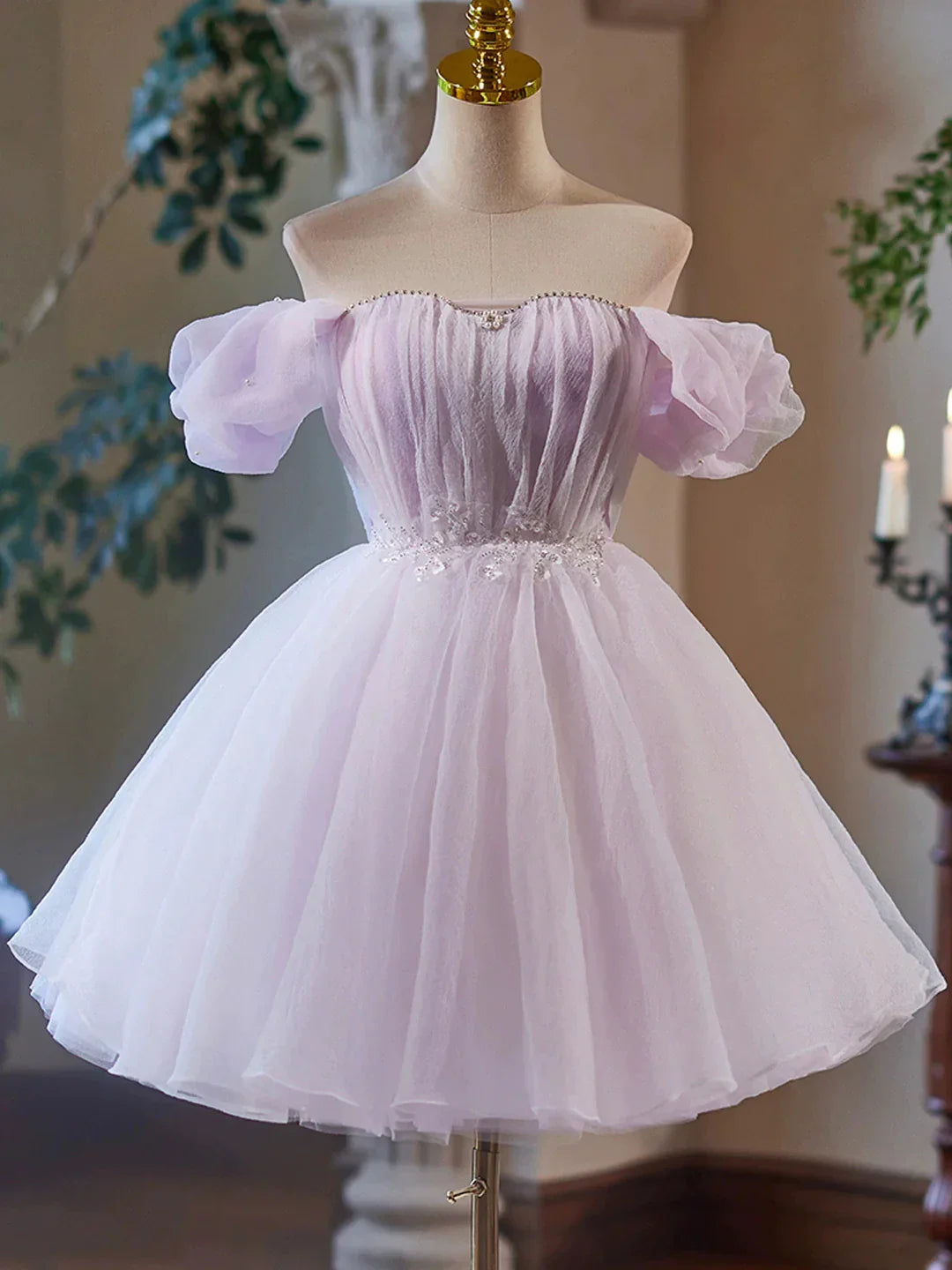 Purple Tulle Short A-Line Party Dress Lovely Off the Shoulder Evening Dress