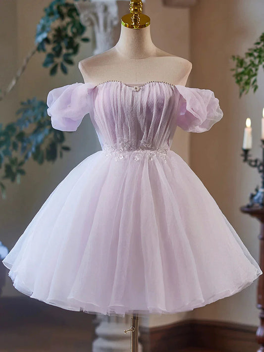 Purple Tulle Short A-Line Party Dress Lovely Off the Shoulder Evening Dress