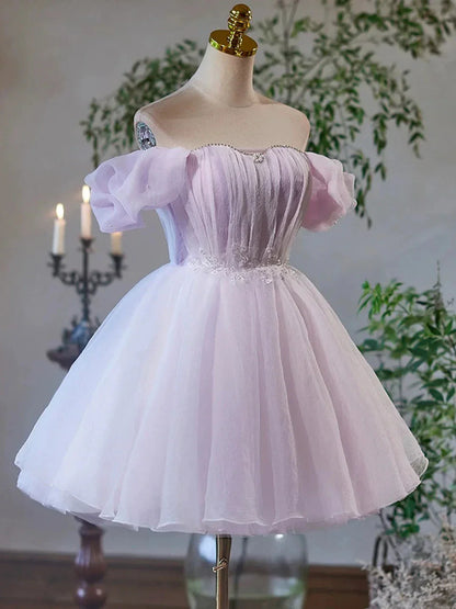Purple Tulle Short A-Line Party Dress Lovely Off the Shoulder Evening Dress