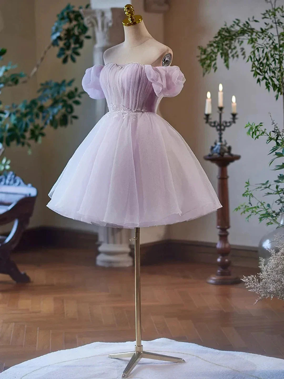 Purple Tulle Short A-Line Party Dress Lovely Off the Shoulder Evening Dress