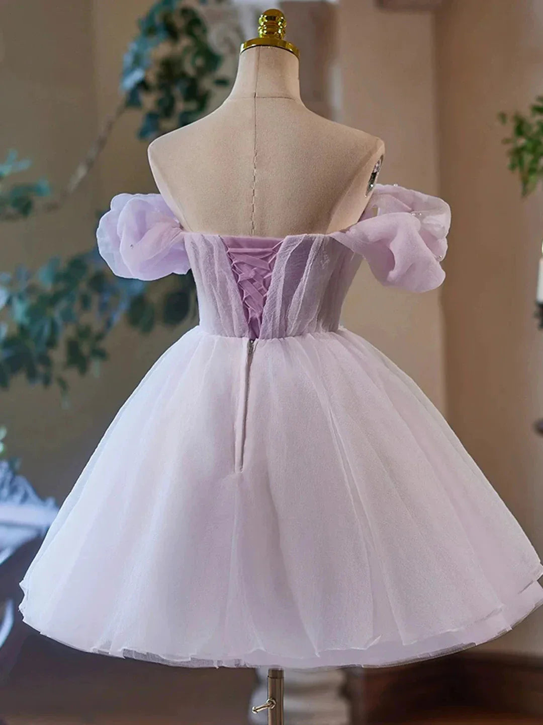 Purple Tulle Short A-Line Party Dress Lovely Off the Shoulder Evening Dress