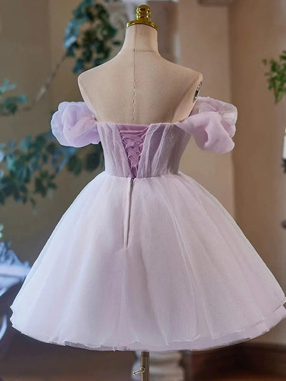 Purple Tulle Short A-Line Party Dress Lovely Off the Shoulder Evening Dress