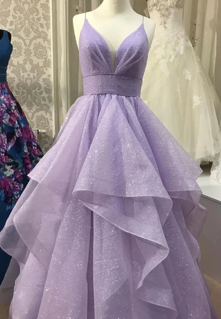 Purple V-Neck Tulle Long Prom Dresses A-Line Evening Dresses