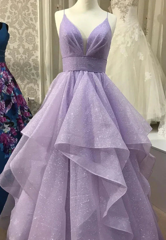 Purple V-Neck Tulle Long Prom Dresses A-Line Evening Dresses